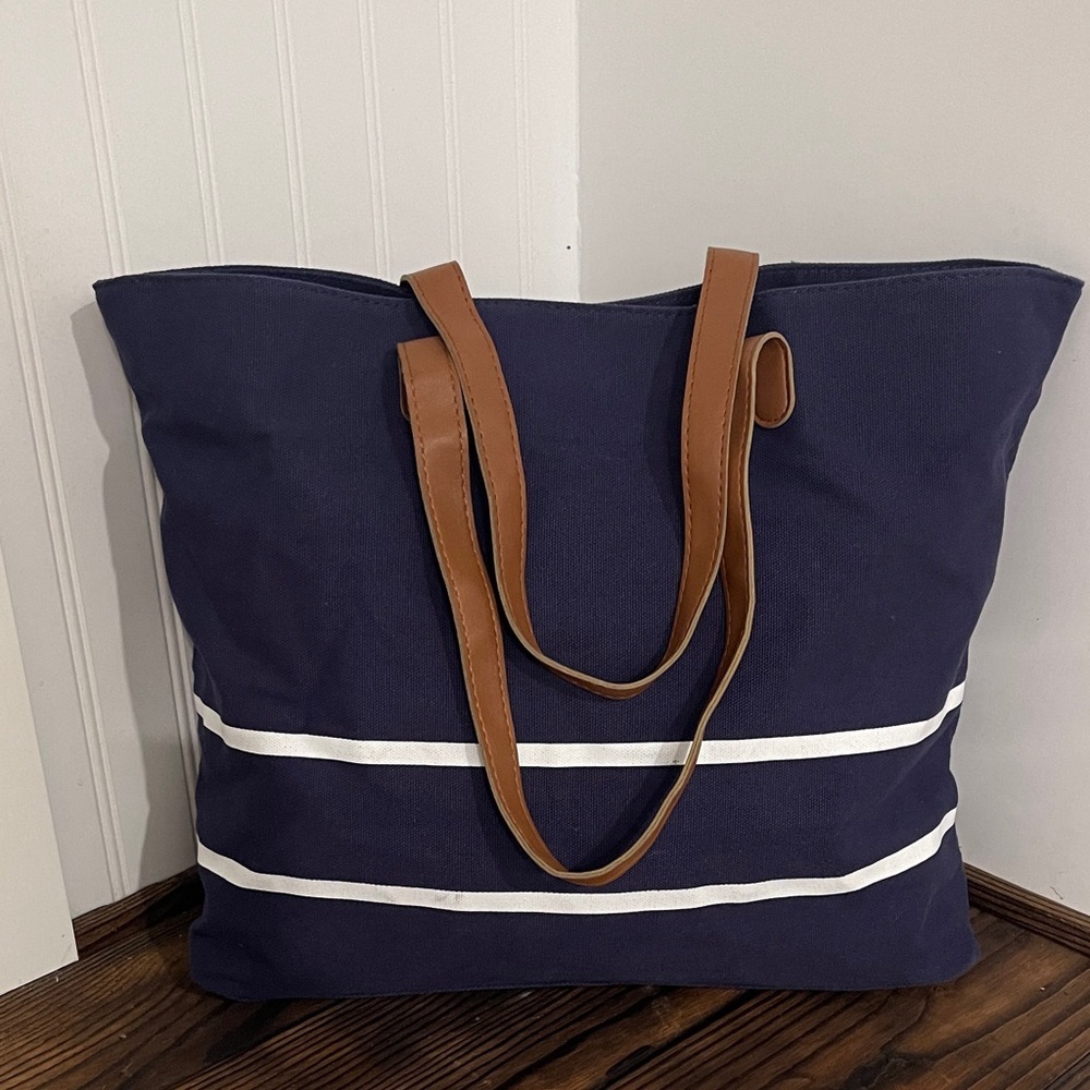 White House Black Market Navy and White Striped Tote Bag with Tan Handles